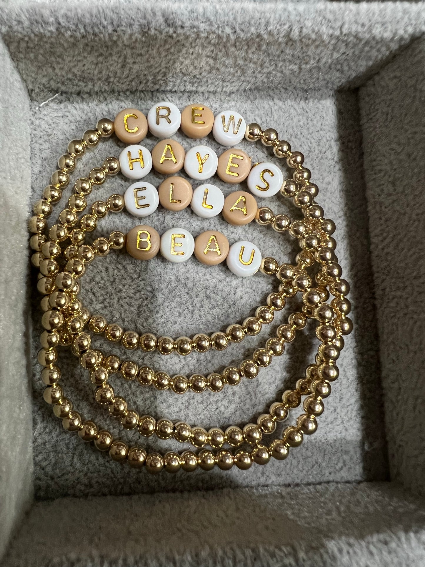 BESTSELLING 4mm gold ball bracelet with gold and tan letters