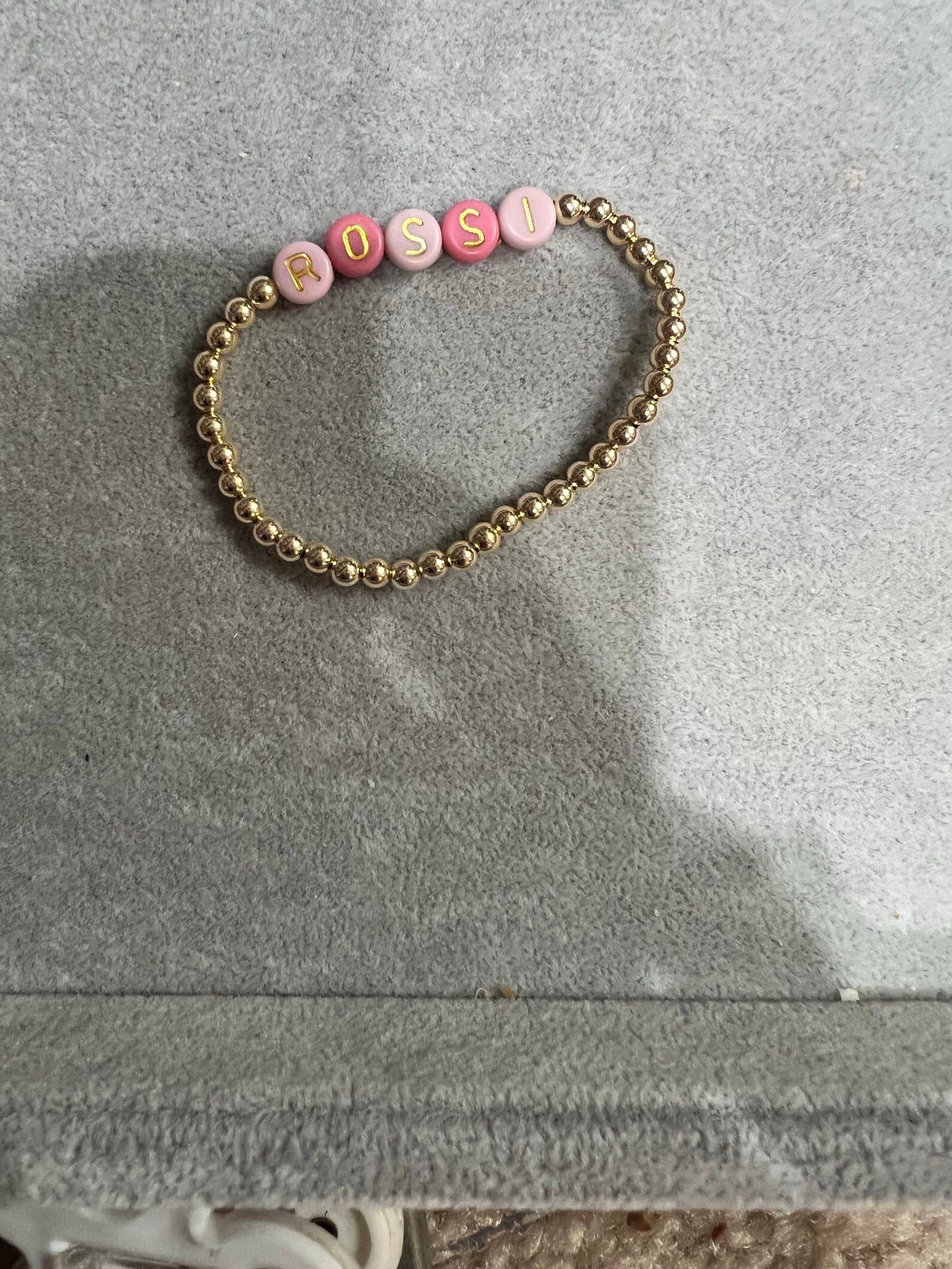 4mm gold ball bracelet with rose, pink with gold letters