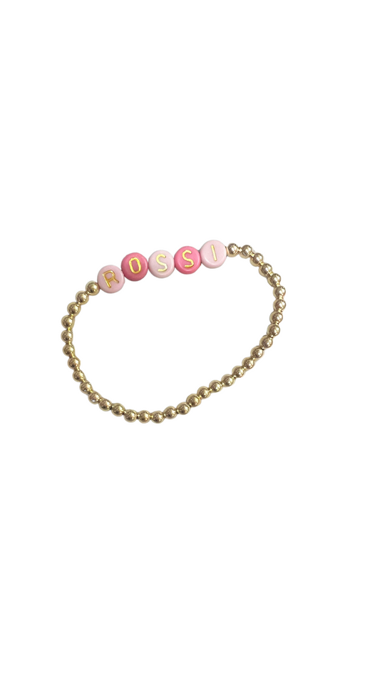 4mm gold ball bracelet with rose, pink with gold letters