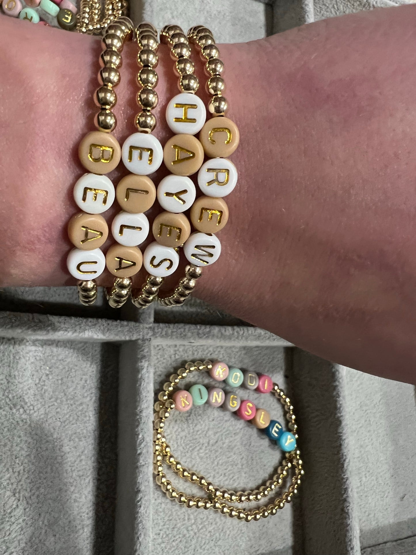 BESTSELLING 4mm gold ball bracelet with gold and tan letters